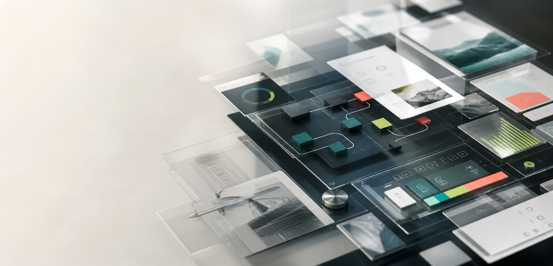 Abstract digital command center showing marketing content, automation flows, and analytics panels.